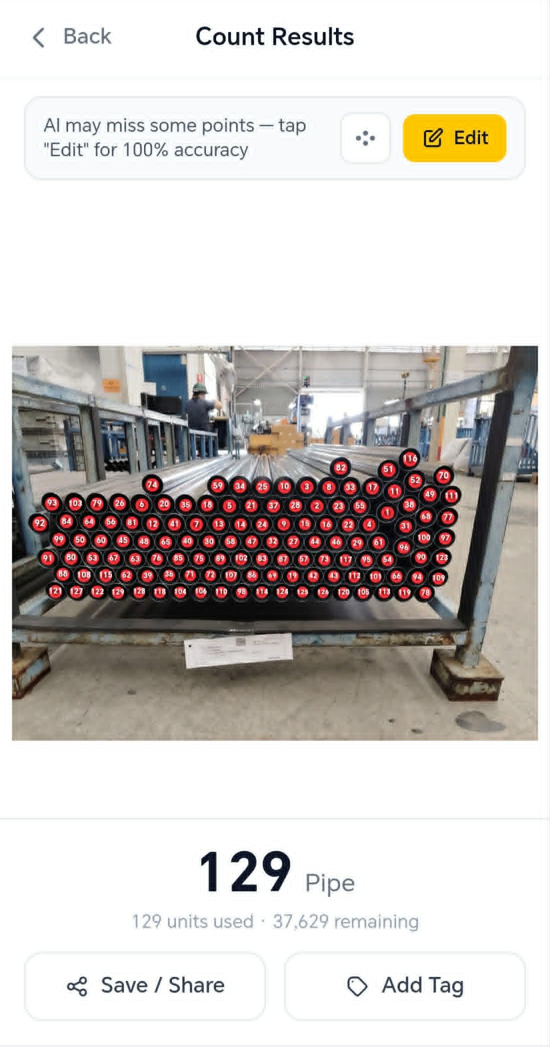 AI count results with detection dots