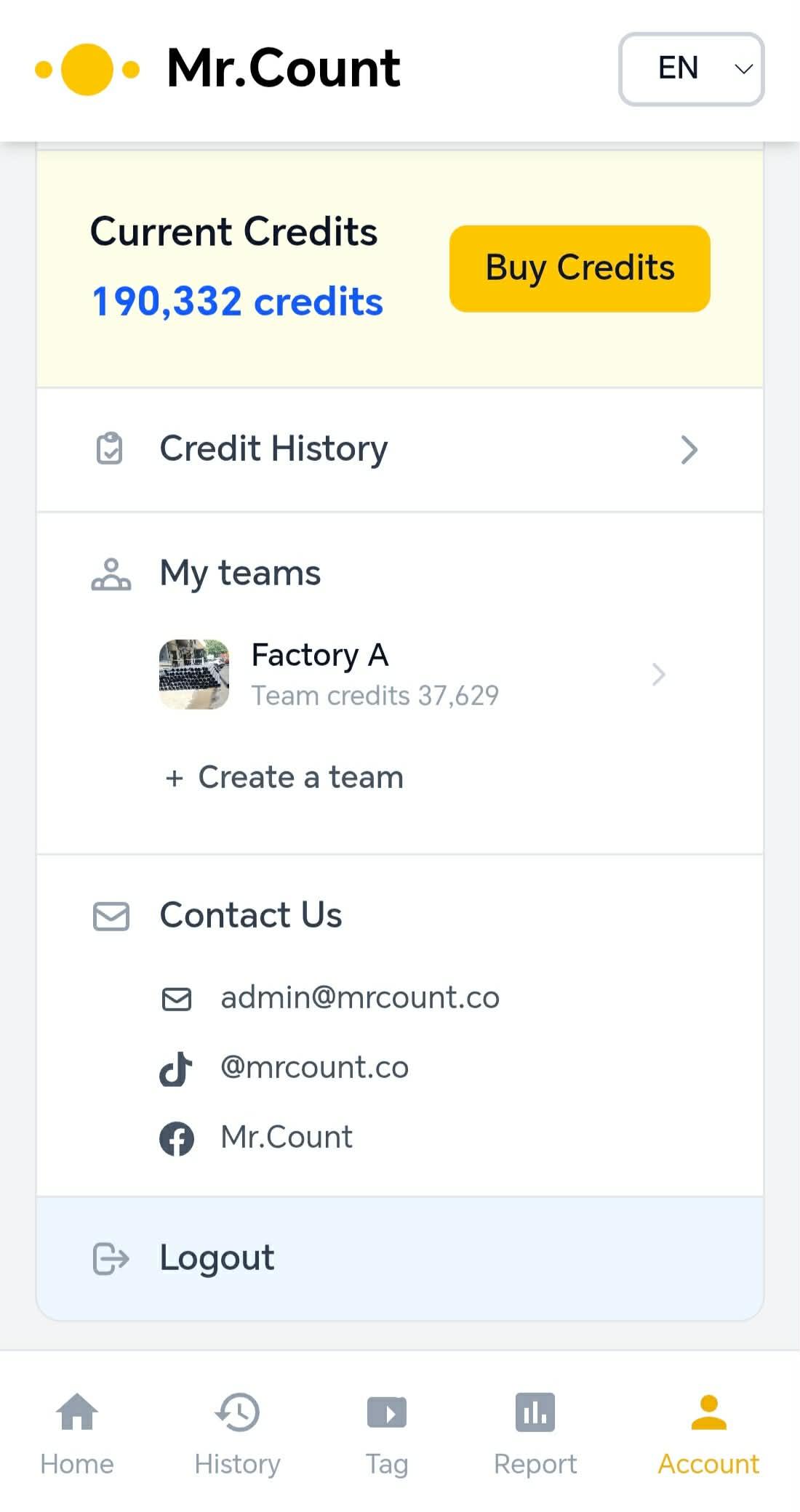 Team management screen