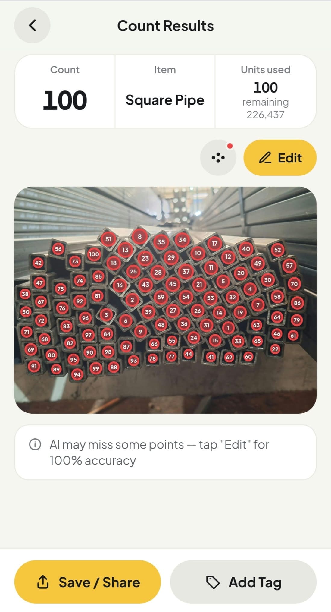 AI count results with detection dots