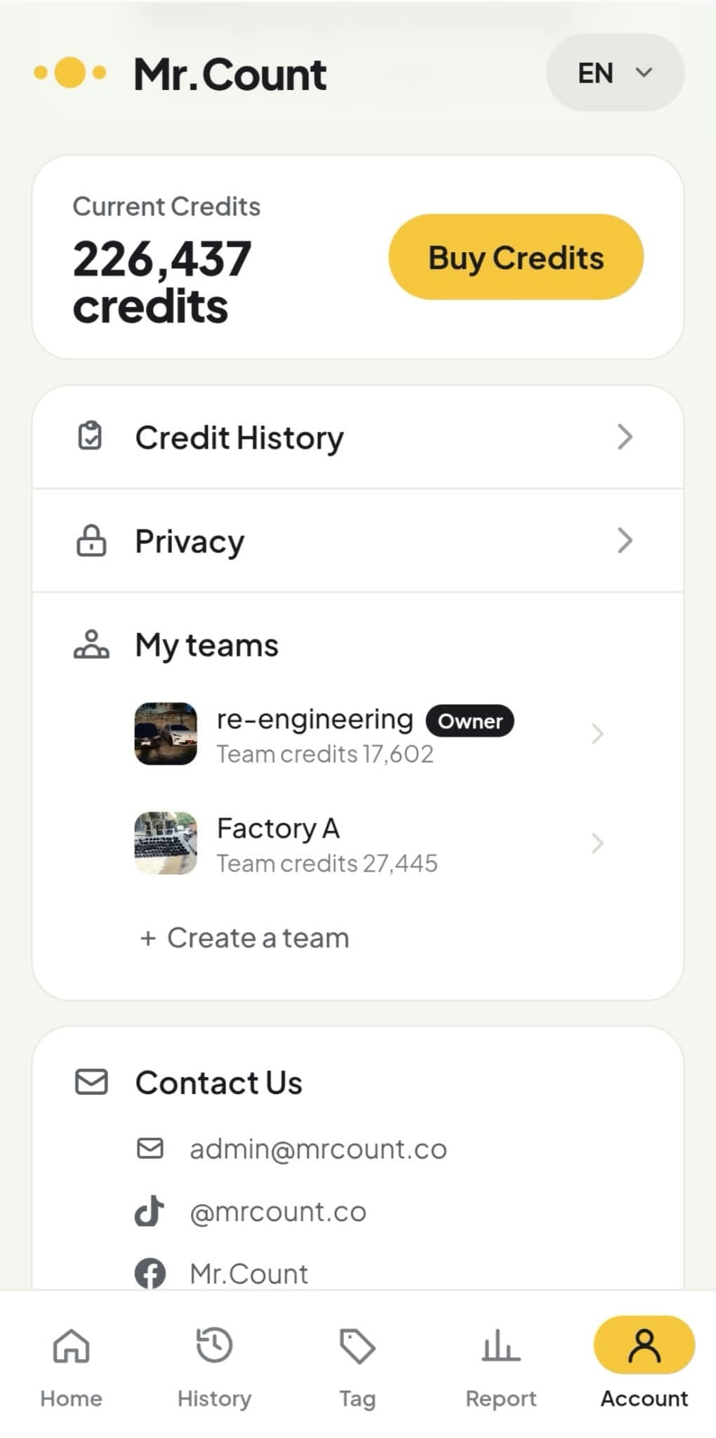 Team management screen