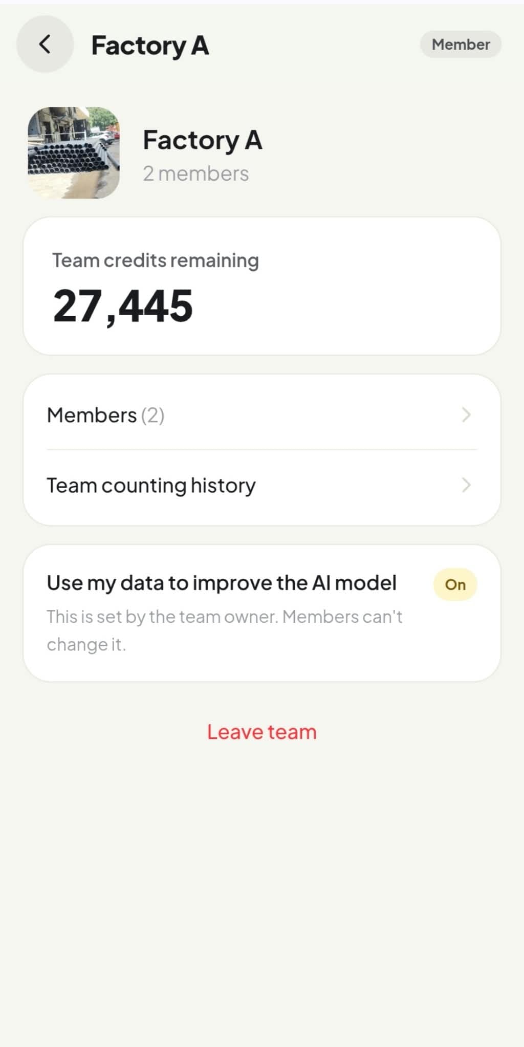 Team detail screen